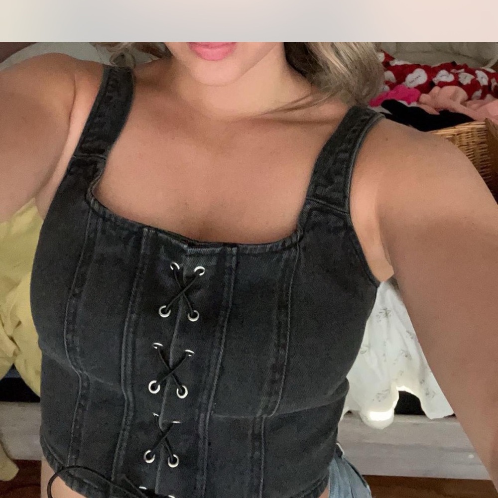 Black Lace-Up Denim Crop Top